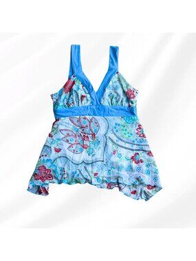 Y2K Baby Blue Babydoll Chiffon Tankini Top Medium Paisley Tie Back 2000s Fairy